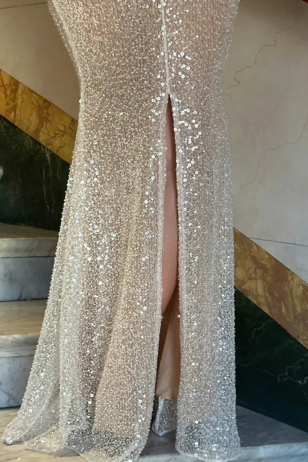 Bling Sheath Spaghetti Straps Silver Sequins Long  Unique Design Party Dress