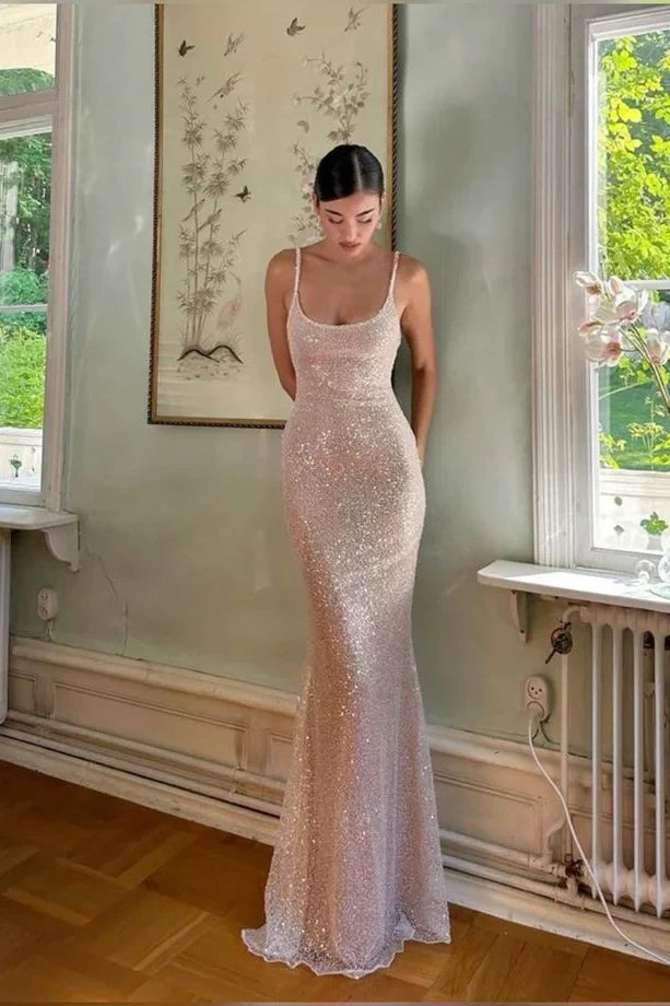 Bling Sheath Spaghetti Straps Silver Sequins Long  Unique Design Party Dress