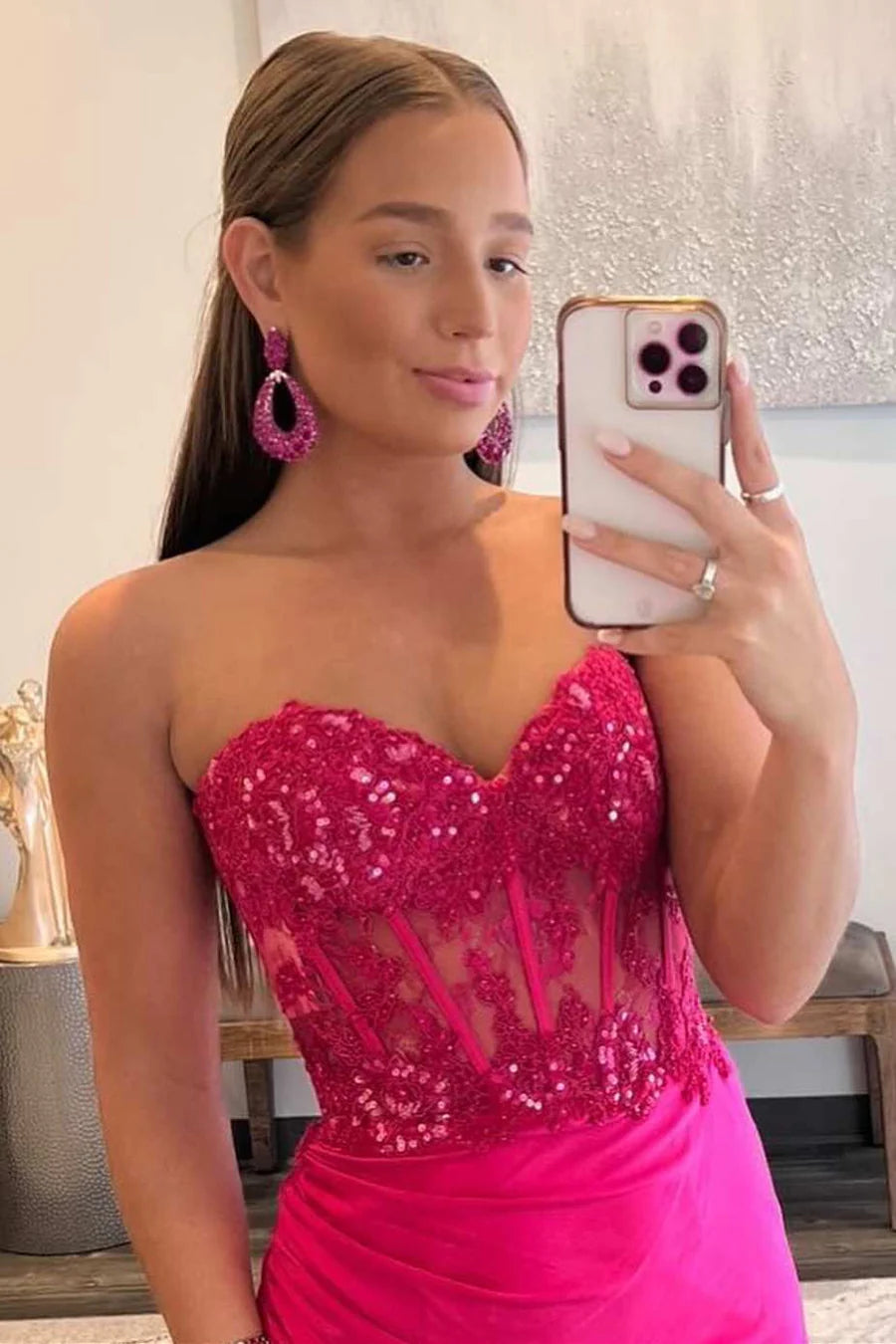 Barbie Pink Lace Strapless Sheath Dress with Slit