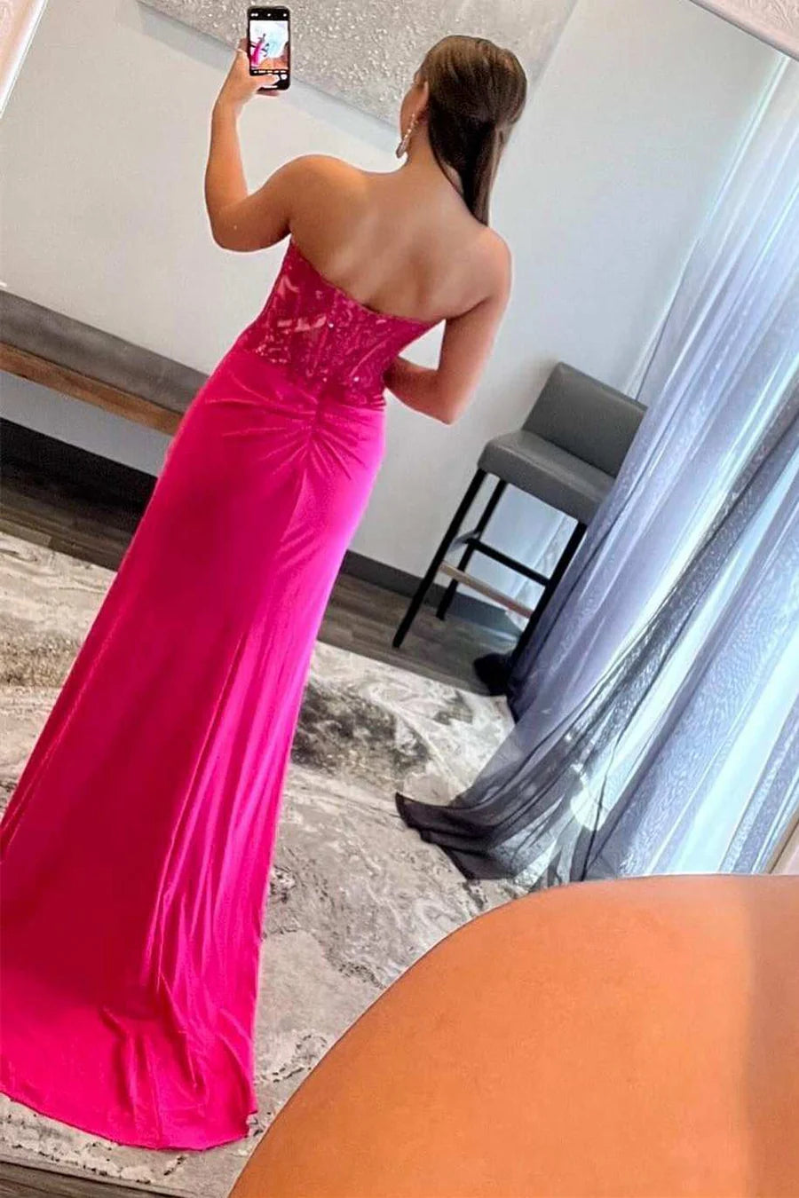 Barbie Pink Lace Strapless Sheath Dress with Slit