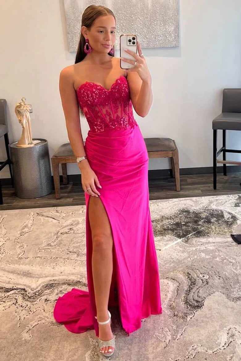 Barbie Pink Lace Strapless Sheath Dress with Slit