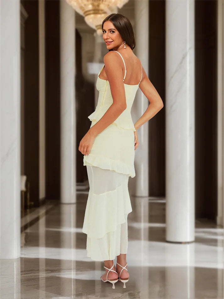 Column Straps V-Neck Rosette Maxi Dress Long Prom Dresses