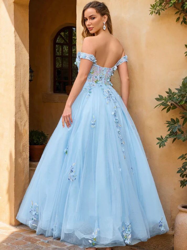 Ball Gown Off the Shoulder Short Sleeves Applique Evening Dresses