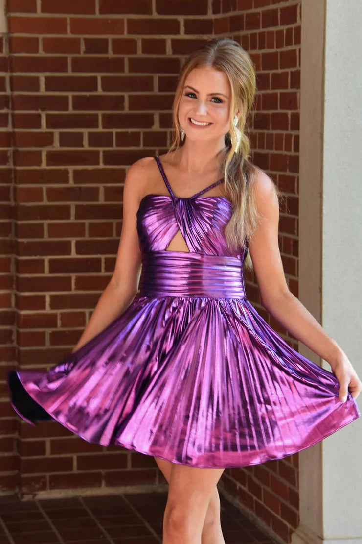 Cute A Line Straps Purple Sparkly Satin  Unique Design Homecoming Dress