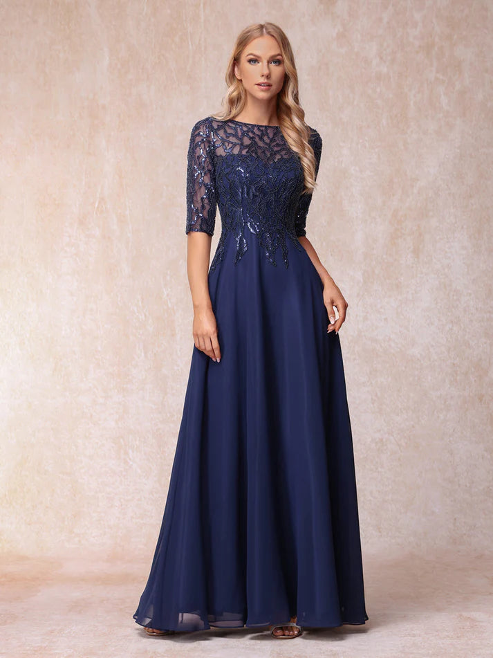 A-Line/Princess Sheer Neck Half Sleeves Long Formal  Mother of the Bride Dresses