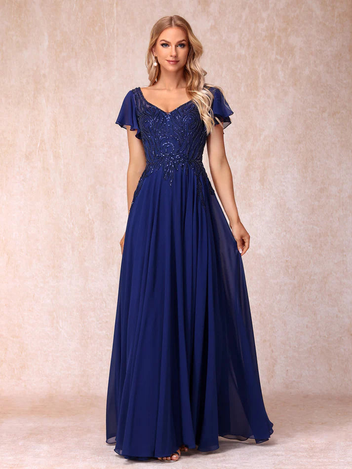 Princess V-Neck Short Sleeves Long Formal Mother of the Bride Dresses