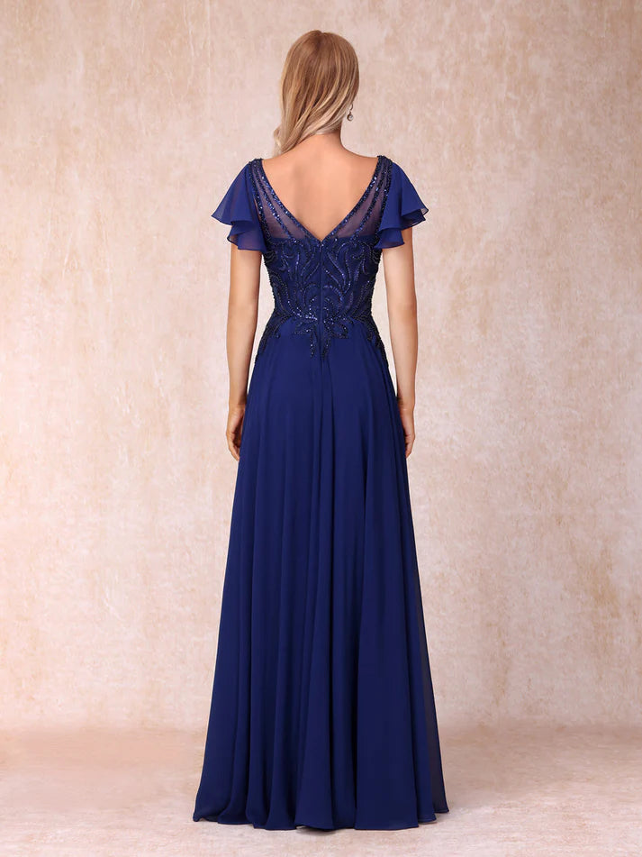 Princess V-Neck Short Sleeves Long Formal Mother of the Bride Dresses