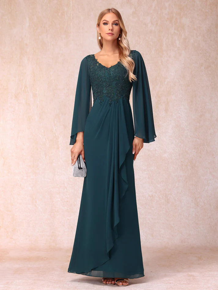 Column V-Neck Long Sleeves Long Formal Unique Design Evening Dresses