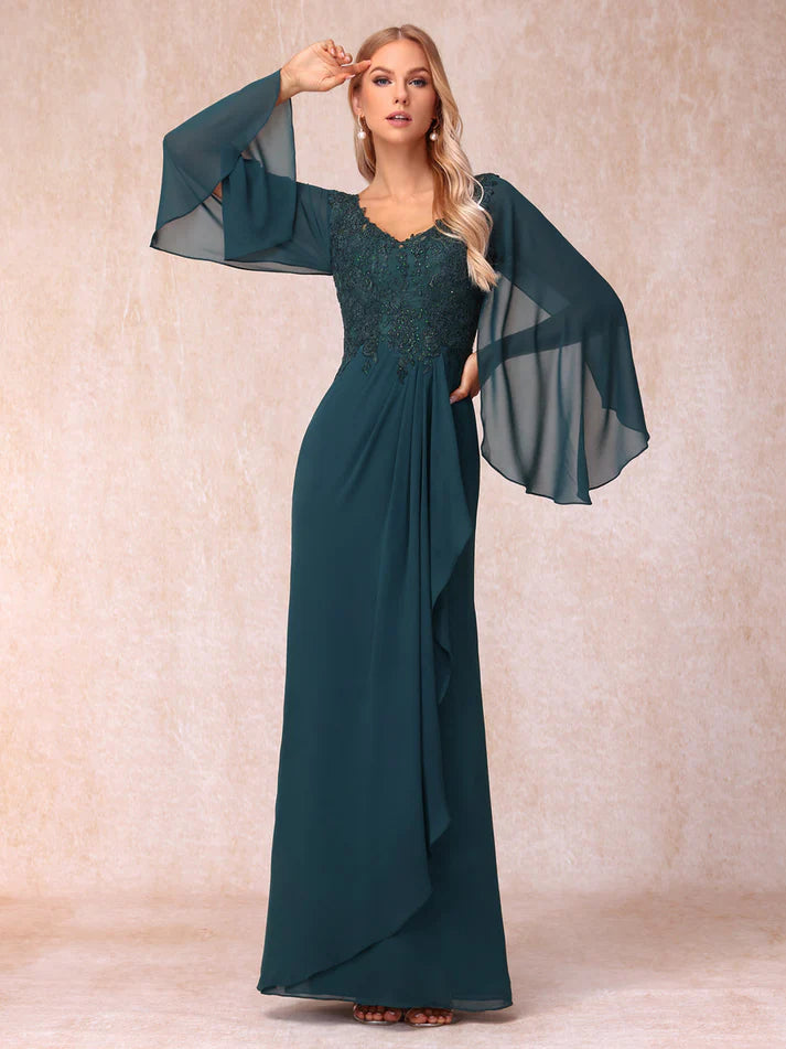 Column V-Neck Long Sleeves Long Formal Unique Design Evening Dresses