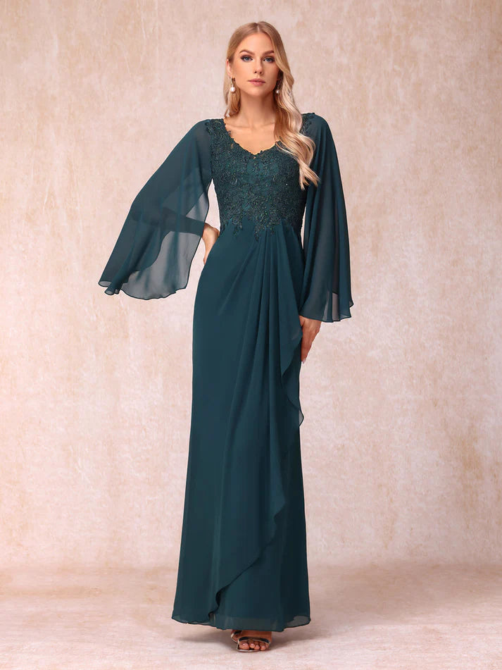 Column V-Neck Long Sleeves Long Formal Unique Design Evening Dresses