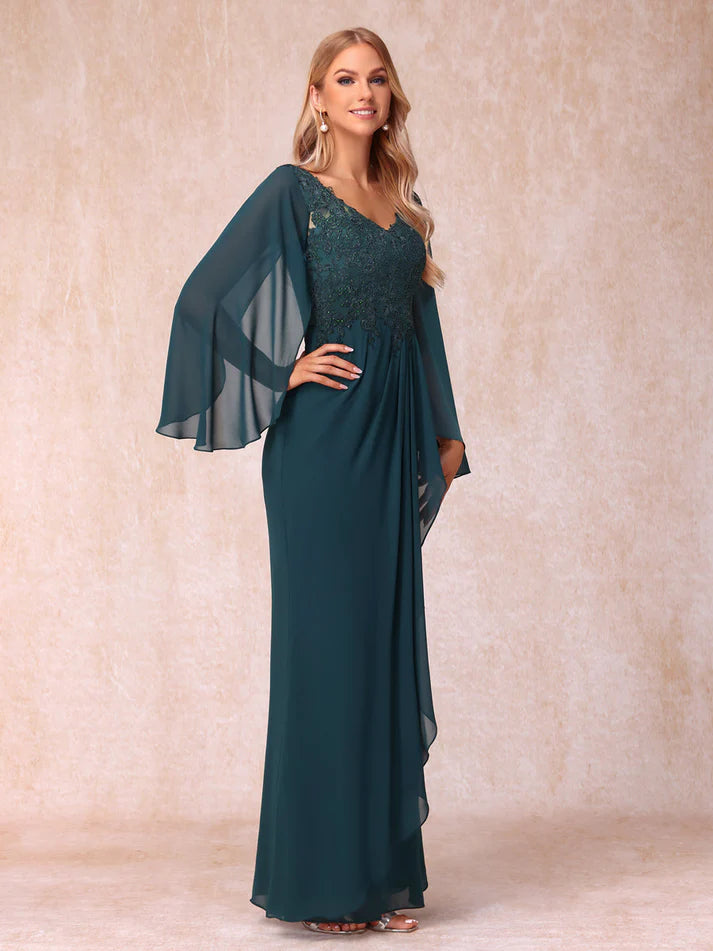 Column V-Neck Long Sleeves Long Formal Unique Design Evening Dresses