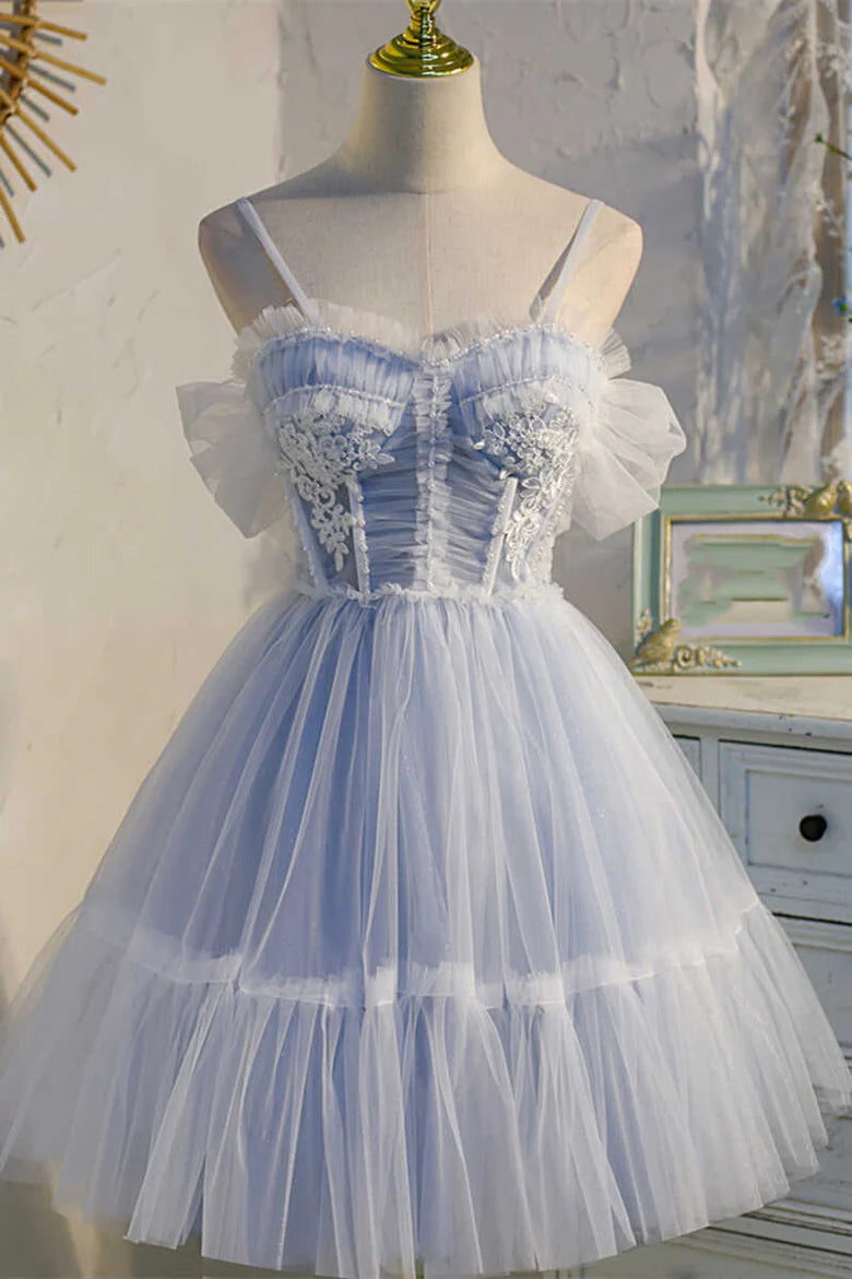 Dreamy Sky Blue Spaghetti Straps Bow-Back Short Homecoming Dress