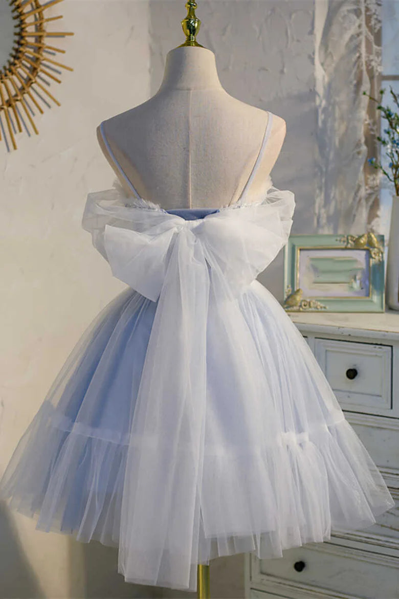Dreamy Sky Blue Spaghetti Straps Bow-Back Short Homecoming Dress