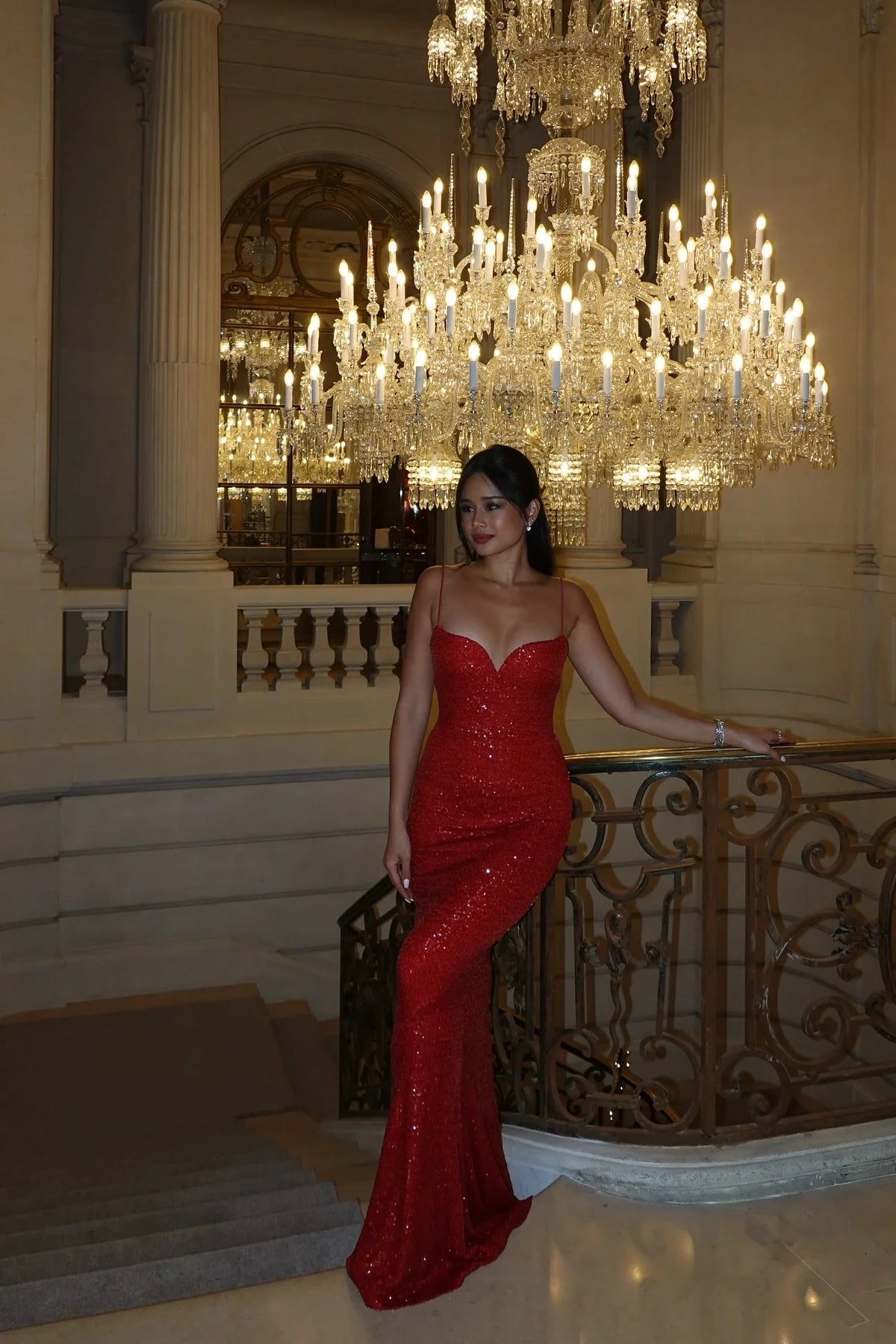 Sparkly Mermaid Spaghetti Straps Red Sequins Long Prom Dress