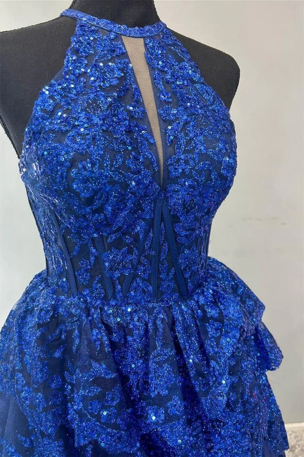 Gorgeous A Line Halter Neck Royal Blue Corset Full Of Charm Evening Dresses