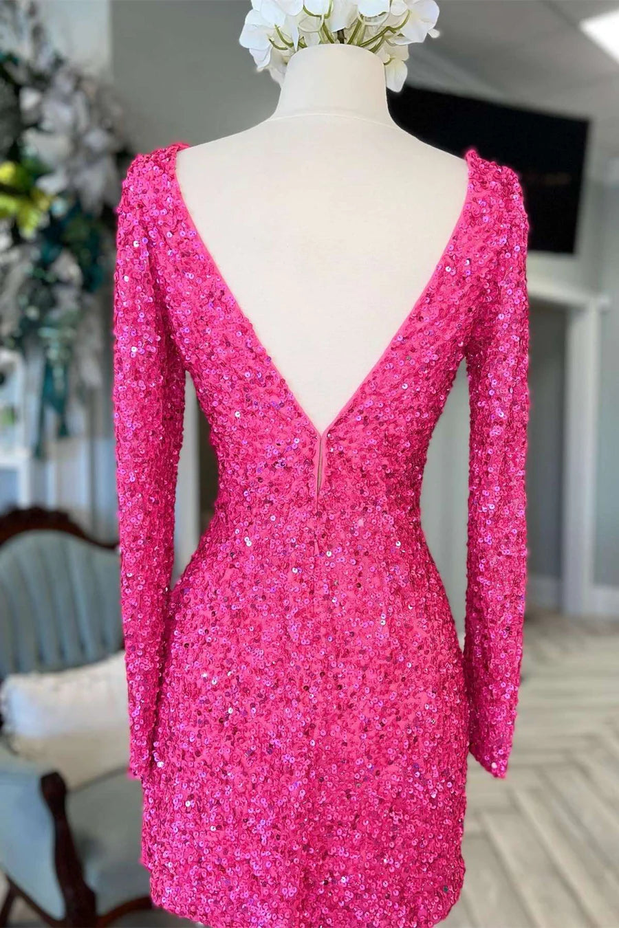 Hot Pink Sequin V-Neck Long Sleeve Short Homecoming Dress