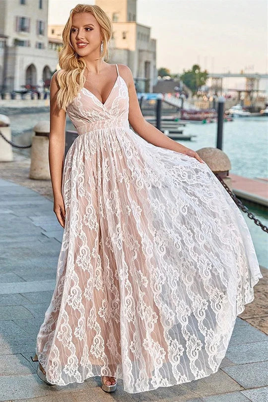 V-Neck Spaghetti Strap Lace Dress in Ivory