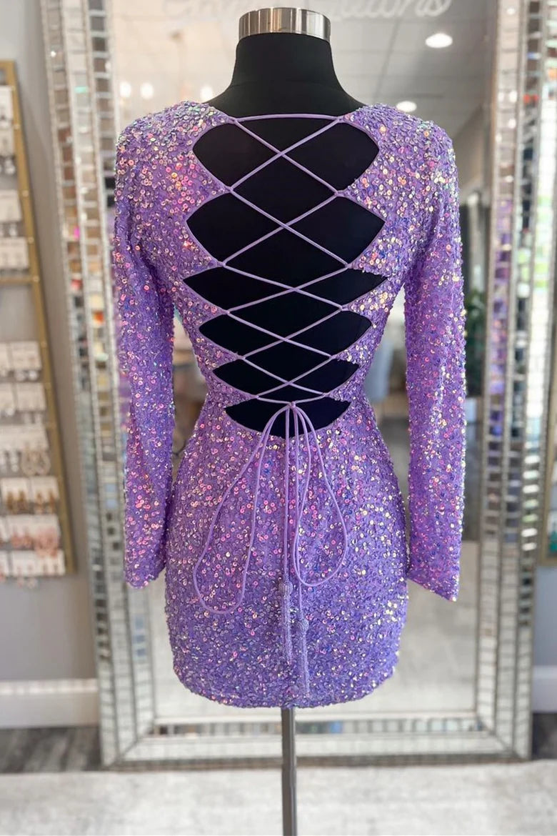 Purple Sequin Lace-Up Short Retract Your Waist Unique Design Homecoming Dress