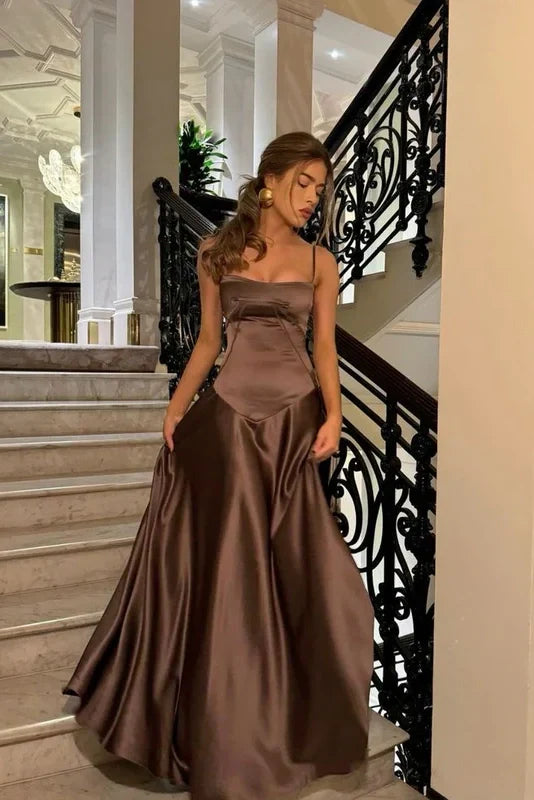 Chic A Line Spaghetti Straps Brown  Unique Design Prom Dress