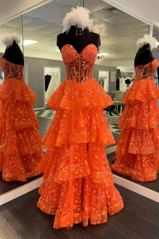 Orange Strapless A-Line Sweetheart Layered Appliques Prom Dress