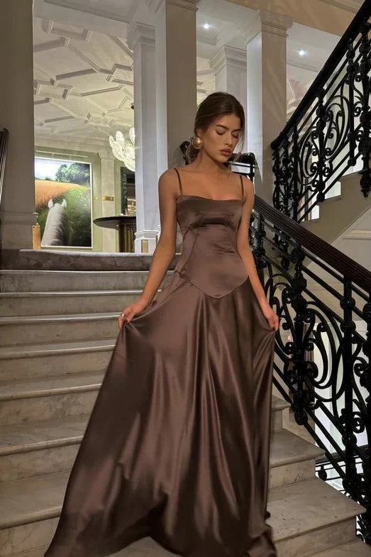 Chic A Line Spaghetti Straps Brown  Unique Design Prom Dress