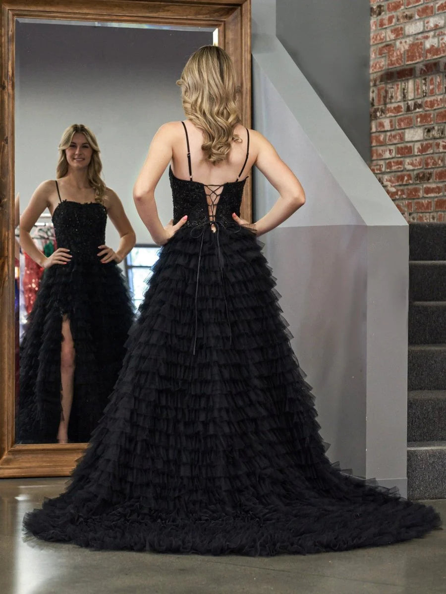 Black A-Line Tiered Sequins Tulle Long Full of charm Prom Dress