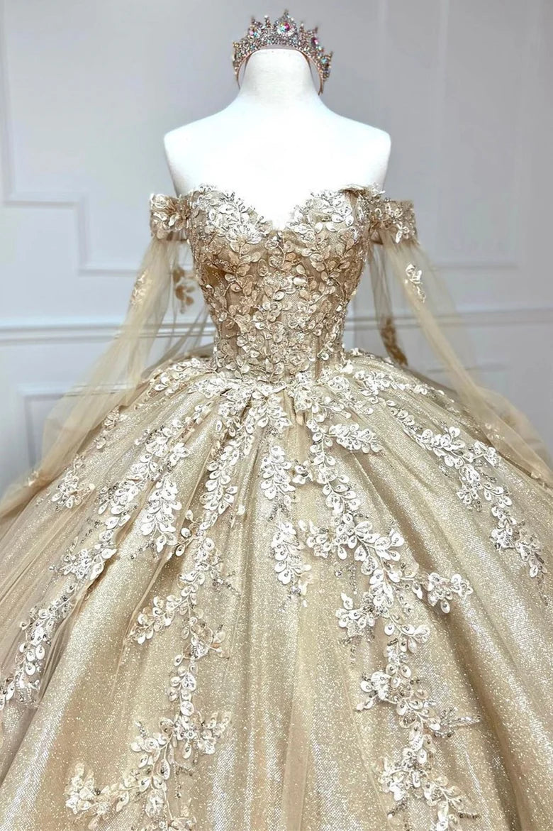 Glamorous Gold Sweetheart Ball Gown with Cape Sleeves