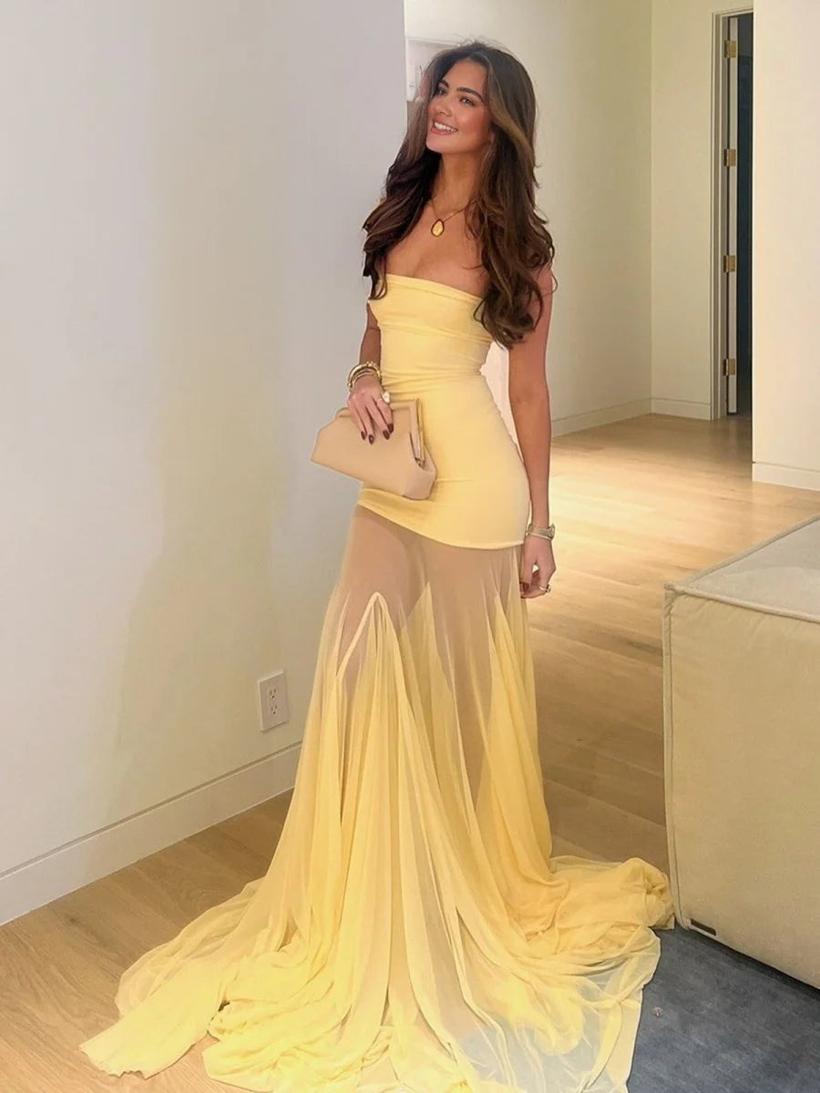Yellow Strapless Chiffon Mermaid Long Retract Your Waist Party Dress