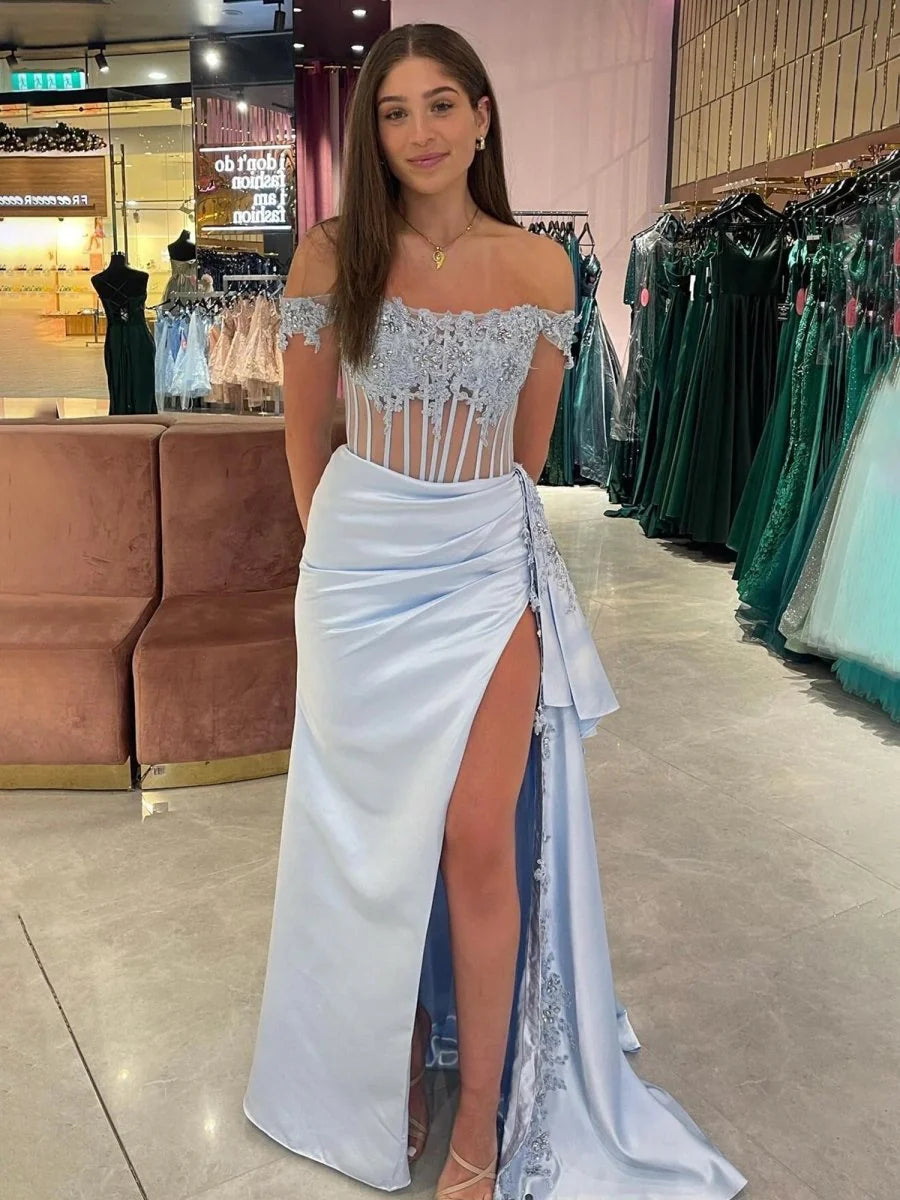 Off the Shoulder Satin Beaded Full of charm Prom Dress