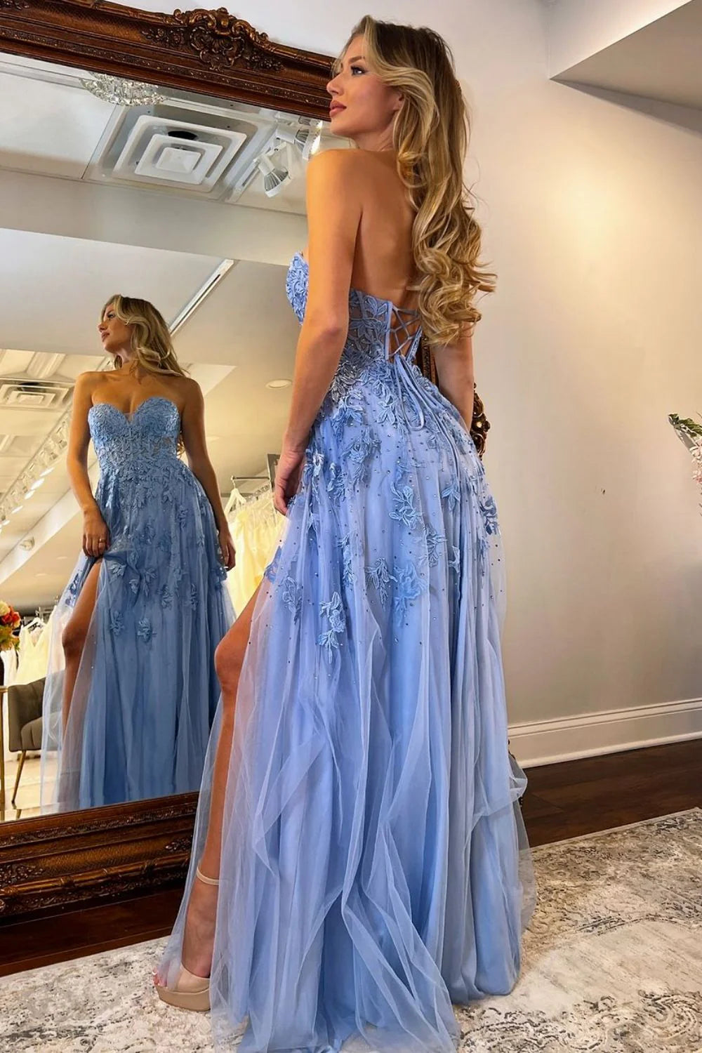 Blue A Line Blue Sweetheart Lace Up Long Tulle Prom Dress