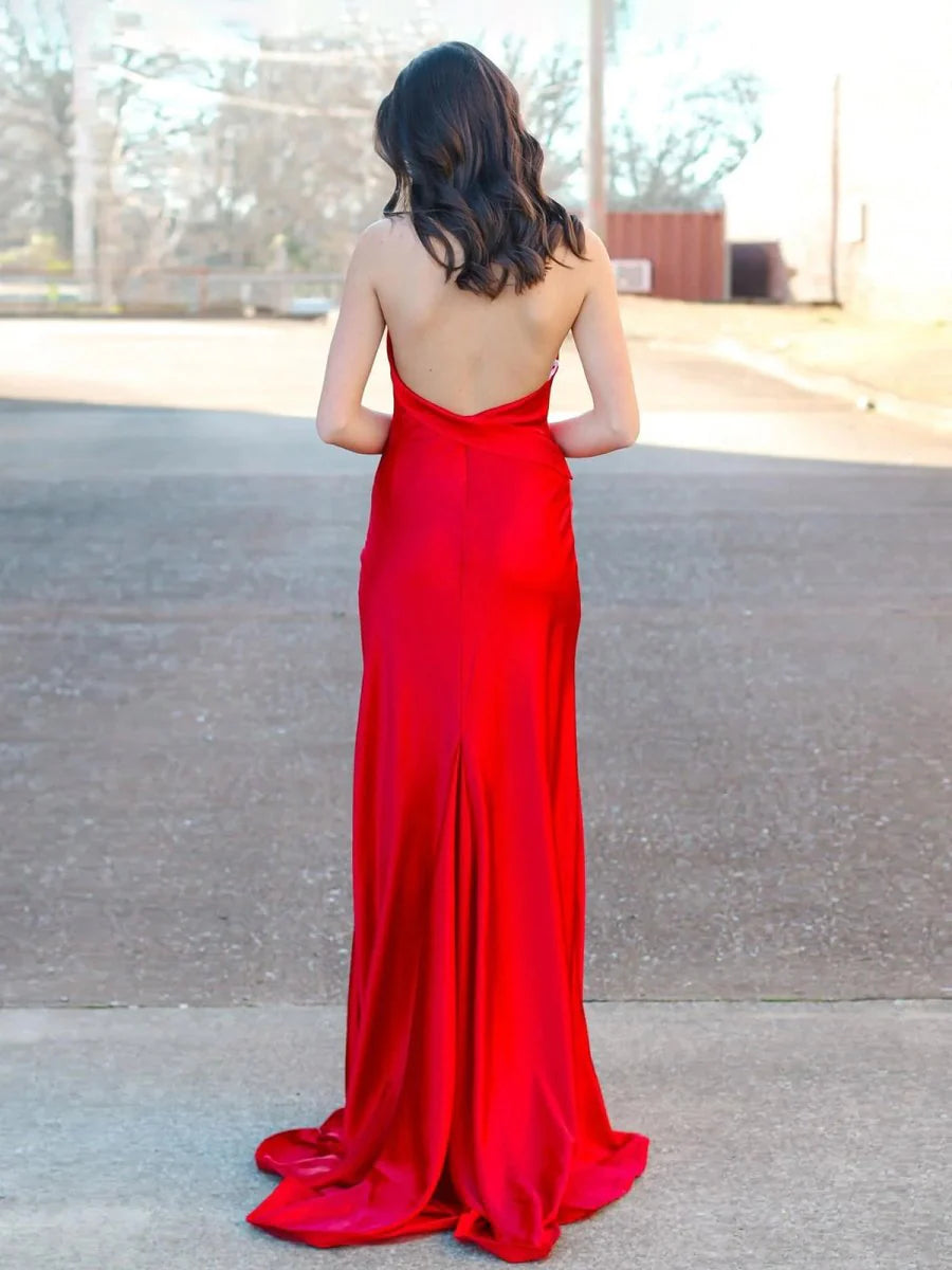 Red Halter Satin Mermaid Long Retract Your Waist Party Dress