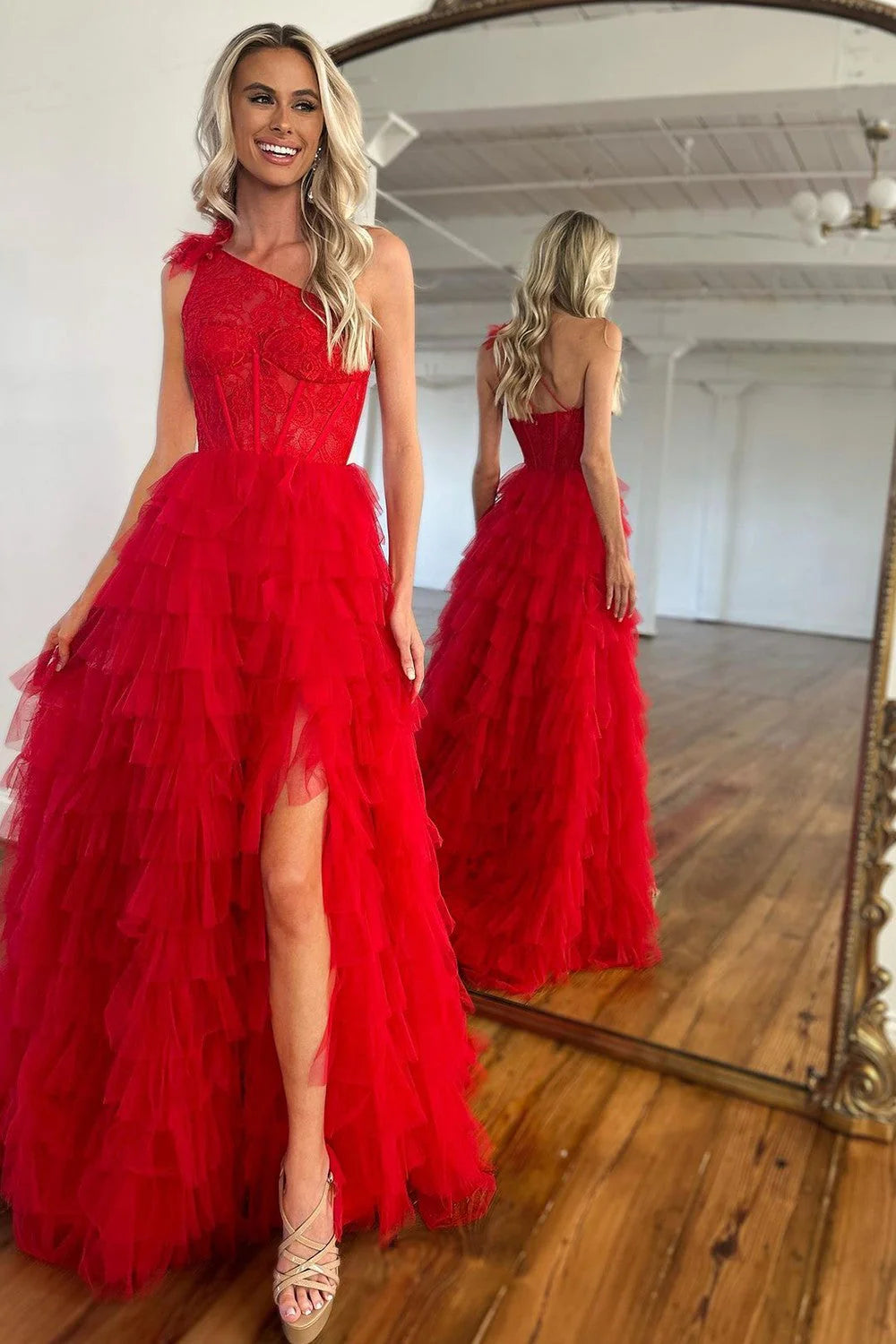 Simple A-Line One Shoulder Long Red Ruffle Prom Dress