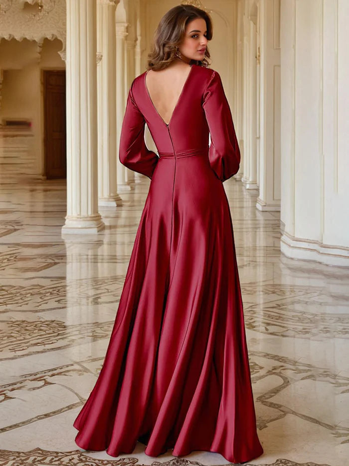 Sleek Deep V-Neck Long Sleeves with High Slit Unique Design Prom Dress