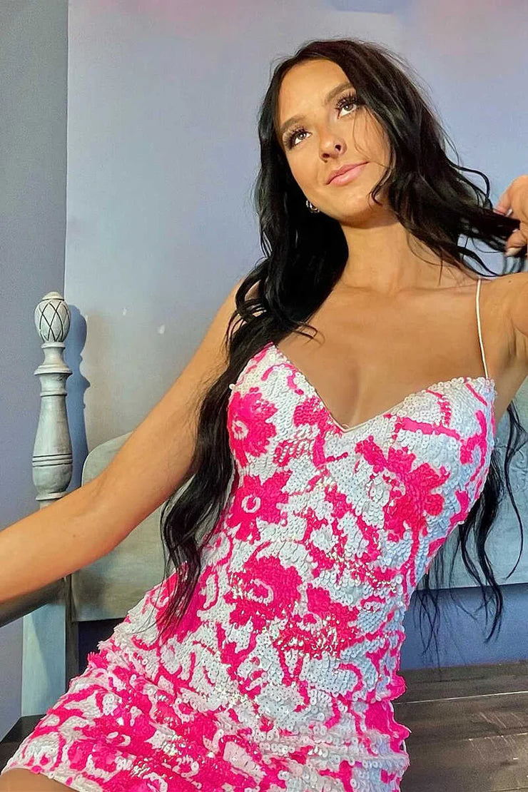 Bodycon V Neck Pink Sequins Mini Full Of Charm Homecoming Dress