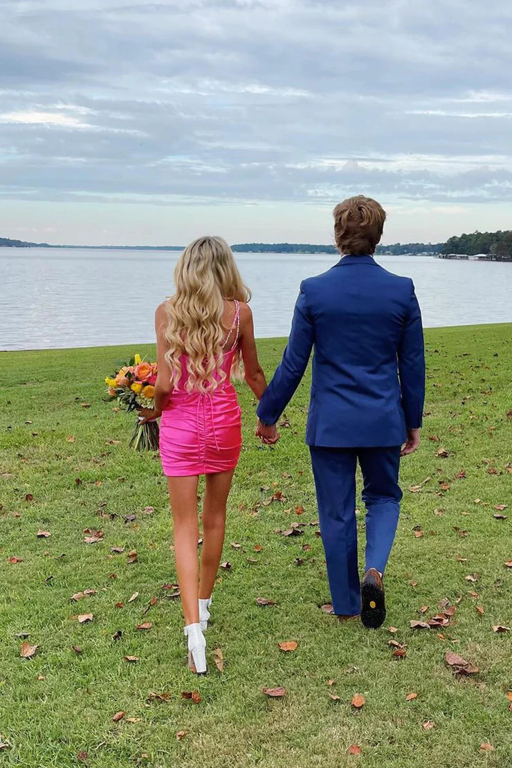 Cute Bodycon V Neck Hot Pink Satin Short Full Of Charm Homecoming Dress