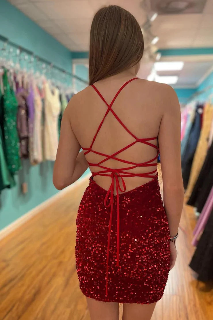 Cute Sparkly Scoop Neck Dark Red Sequins Short  Full Of Charm Homecoming Dress