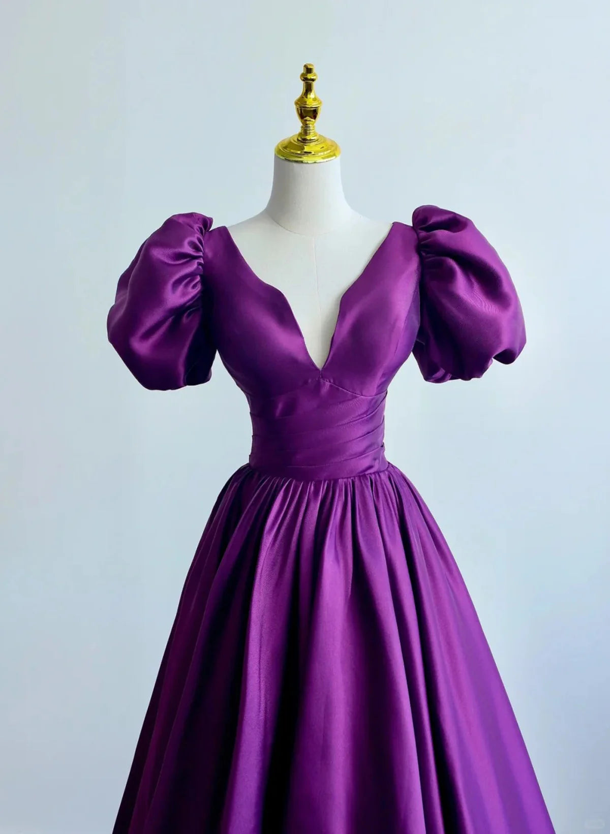 Purple Satin Short Sleeves V-neckline Full Of Charm Prom Dress