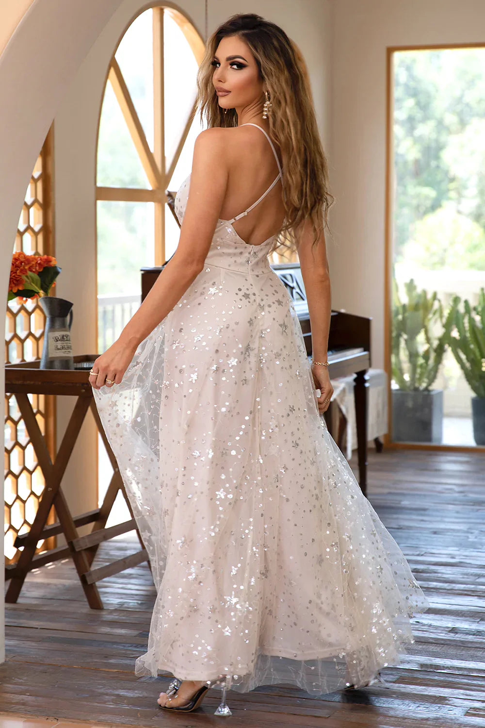 Classic A Line Spaghetti Straps Light Champagne Long Prom Dress