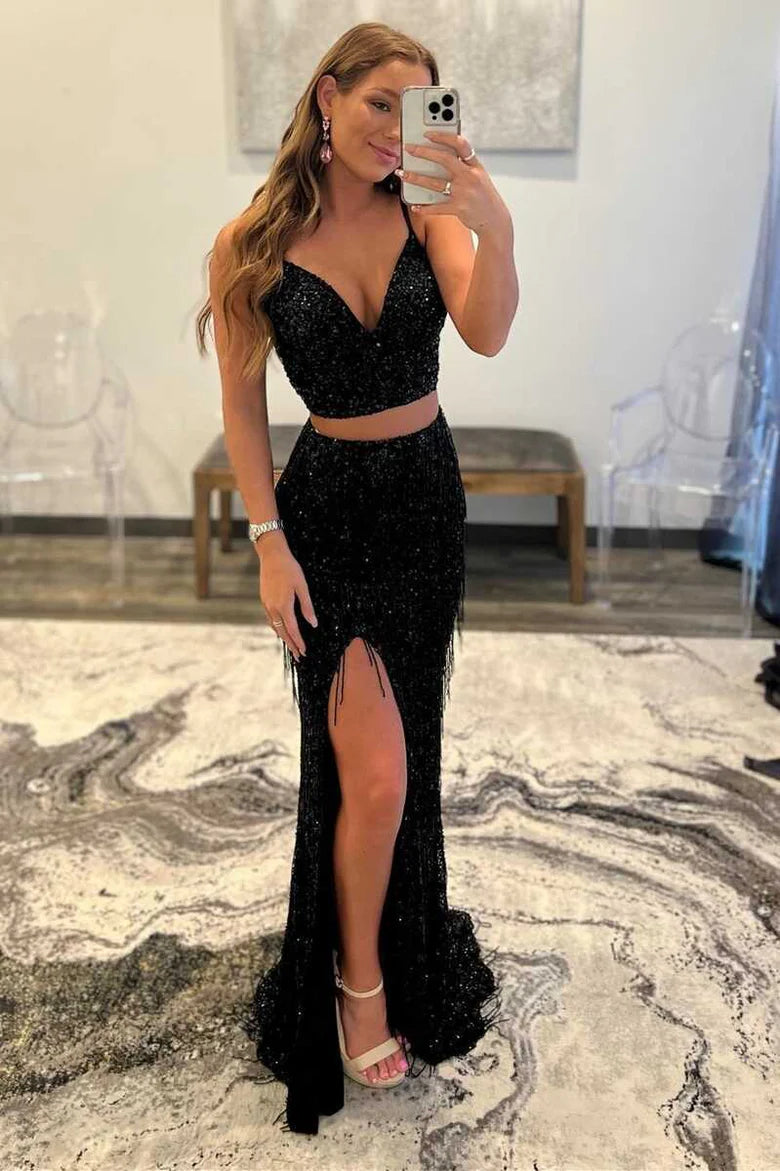 Two-Piece Black Sequin Fringe Long Appropriate Color Matching Prom Dress