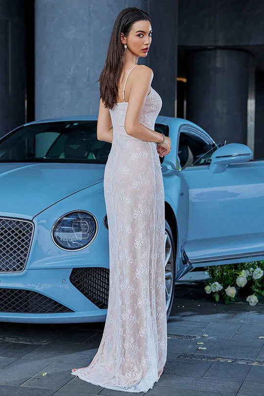 Nude Pink Lace Scoop Neck Maxi Dress with 3D Flower