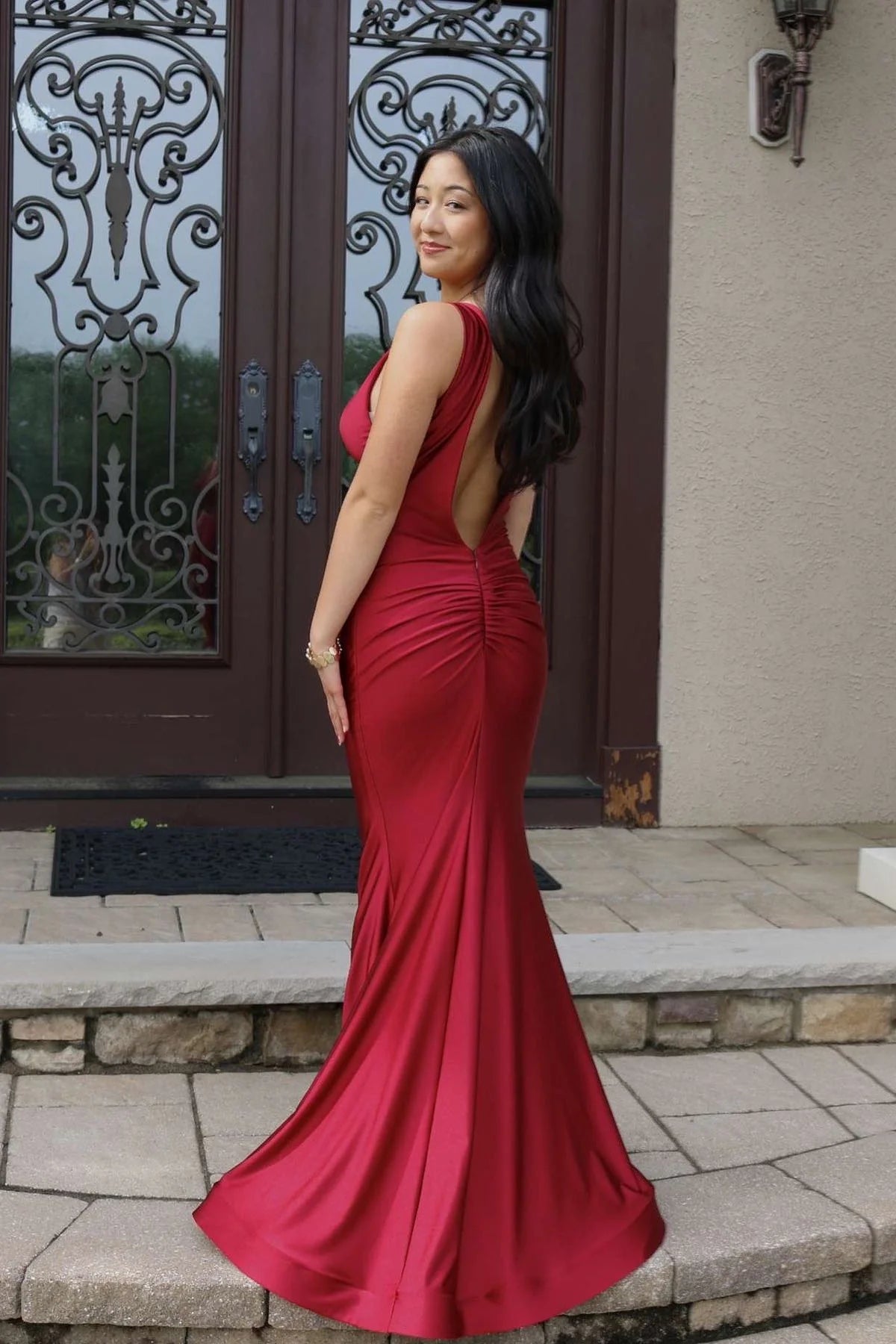 V-neck Red Open Back Mermaid Long Unique Design Full Of Charm Prom Dresses