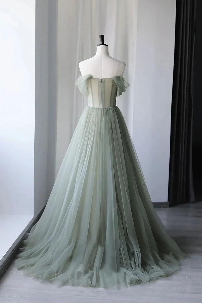 Gray Green Tulle Long Unique Design Full Of Charm Party Dresses