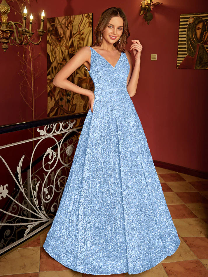 Princess V-Neck Long Retract Your Waist Plunge V Prom Dresses