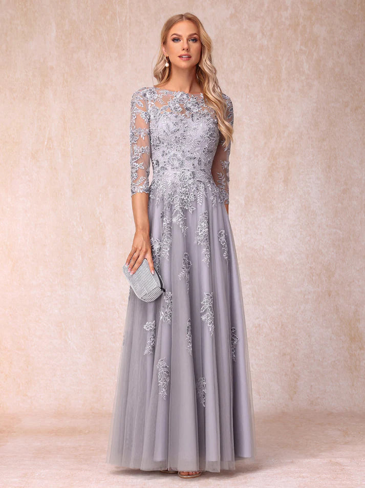 Princess Sheer Neck Half Sleeves Long Formal Mother of the Bride Dresses