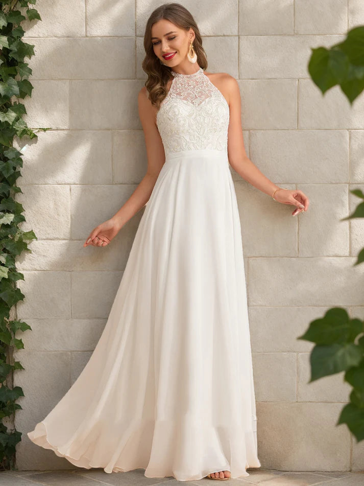 A-Line/Princess High Neck Sleeveless Sequins Retract Your Waist Wedding Dresses