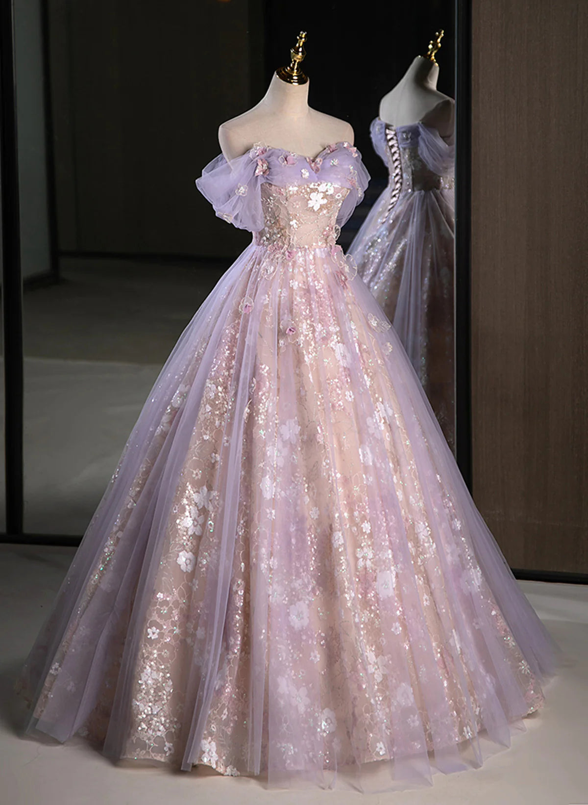 Lovely Light Purple Floral Tulle Off Shoulder Prom Dresses