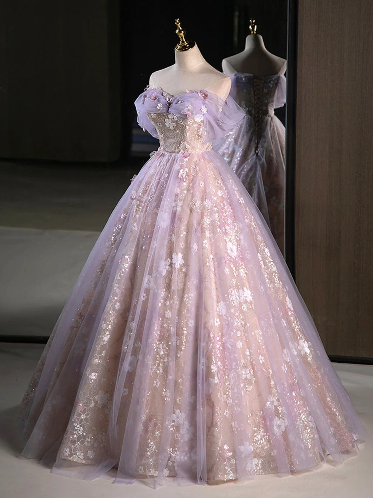 Lovely Light Purple Floral Tulle Off Shoulder Prom Dresses