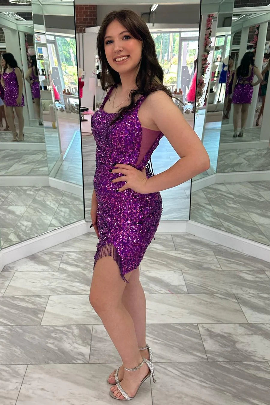 Magenta Sequin Scoop Neck Short Retract Your Waist Homecoming Dress