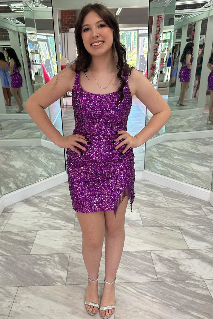 Magenta Sequin Scoop Neck Short Retract Your Waist Homecoming Dress