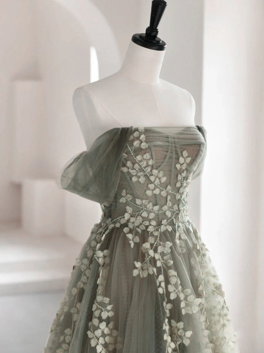 Charming Green Tulle Off Shoulder Full Of Charm Prom Dress